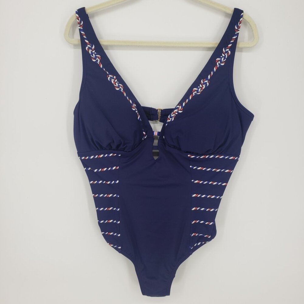 Swimsuits for All‎ Nautical One Piece Swimsuit 16 Plunge Neck Navy Blue White